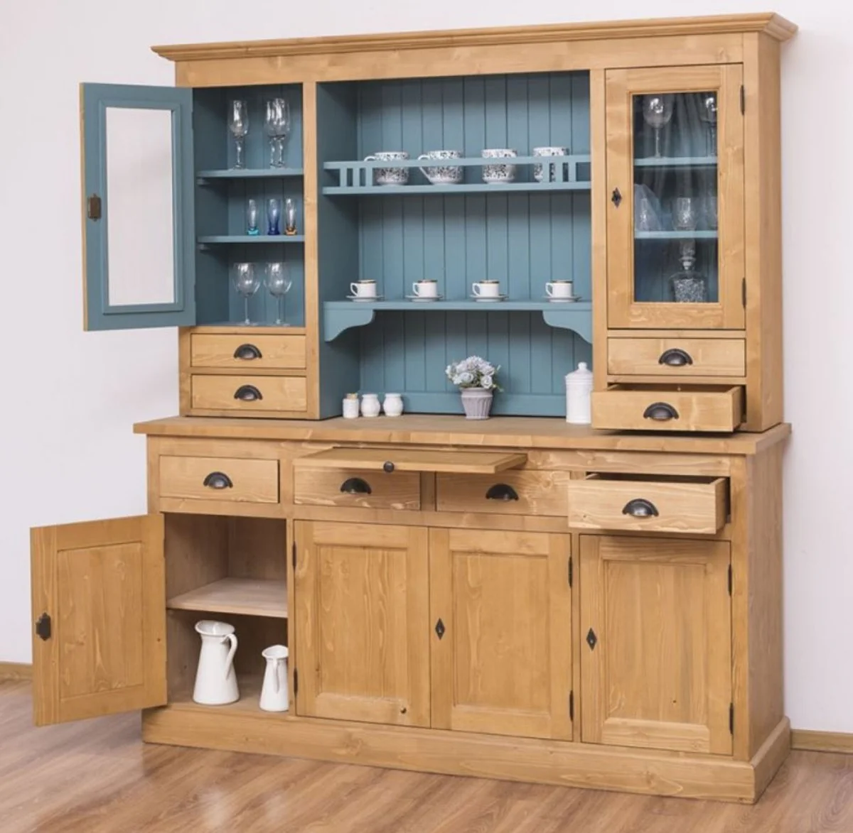 Country house style kitchen cabinet natural colors / light blue 180 x 50 x H. 197 cm - solid wood dining room cabinet - dining room furniture in country house style