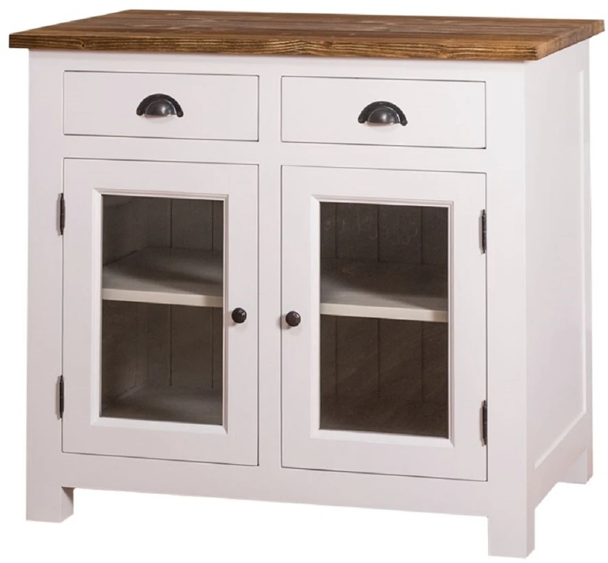 Country house style kitchen cabinet with 2 glass doors and 2 drawers white / gray / brown 100 x 65 x H. 90 cm - kitchen furniture in country house style