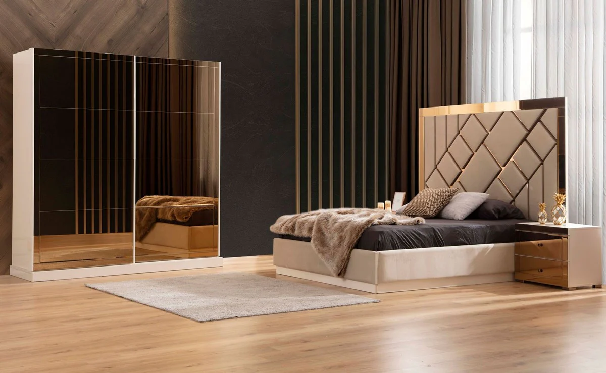 Luxury bedroom wardrobe white / gold 200 x 69 x H. 218 cm - Wardrobe with 2 sliding doors - Bedroom furniture - Hotel furniture - Luxury furniture