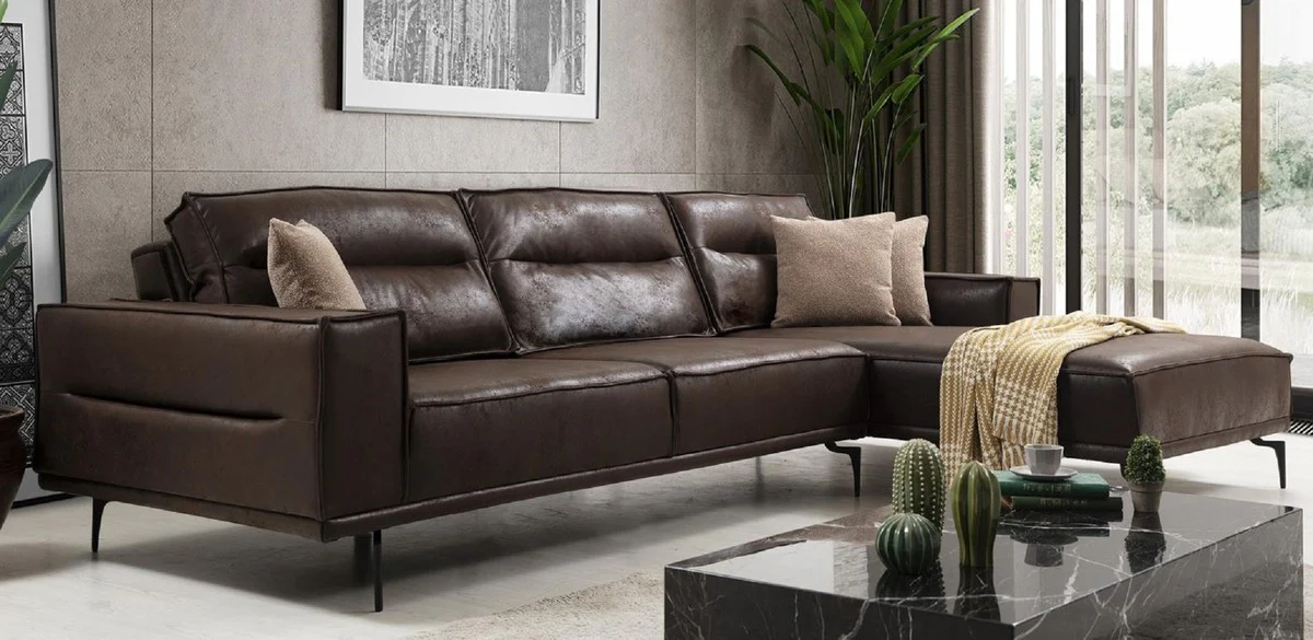 Luxury corner sofa brown / black 305 x 185 cm - Modern living room sofa with nubuck faux leather - Luxury sofa bed - Luxury living room furniture