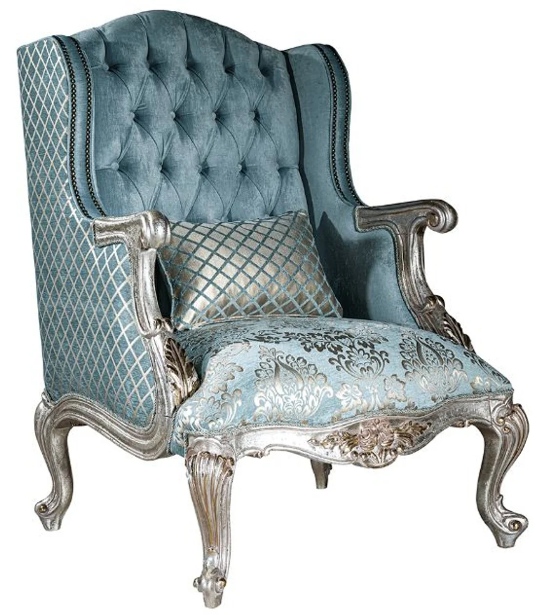 Luxury baroque living room set light blue / silver - 2 sofas & 2 armchairs & 1 coffee table - magnificent living room furniture in baroque style