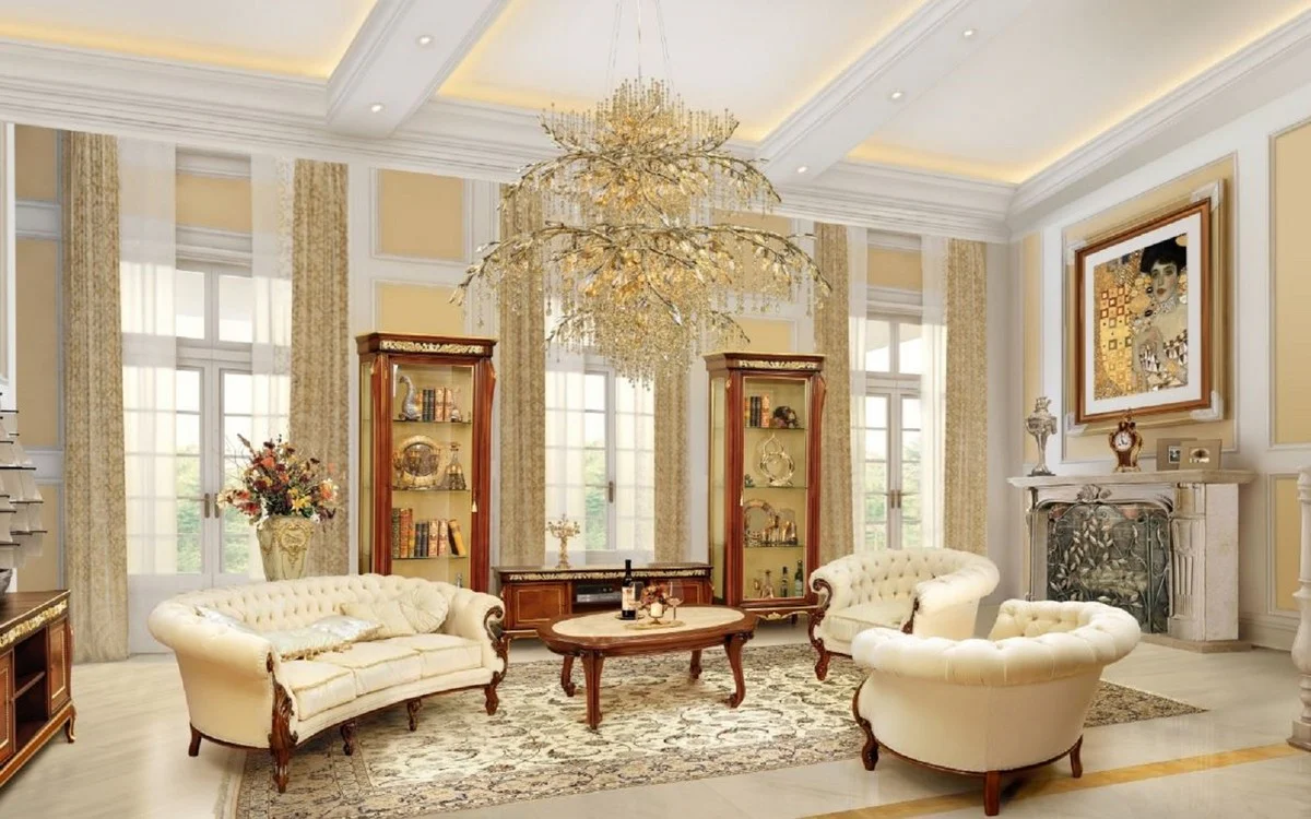 Luxus Barock Wohnzimmer Set Creme / Braun - 2 Barock Sofas & 2 Barock Sessel & 1 Barock Couchtisch - Luxus Wohnzimmer Möbel im Barockstil - Edel & Prunkvoll