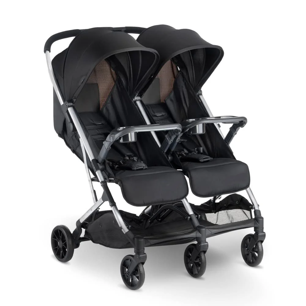 Side-by-Side-Doppelkinderwagen mit zwei Snack-Tabletts, einhändig klappbaren Sitzen, verstellbaren Liegesitzen, verstellbaren Beinstützen und 2 Reißverschlusstaschen zur Aufbewahrung, geschmiedetes Eisen