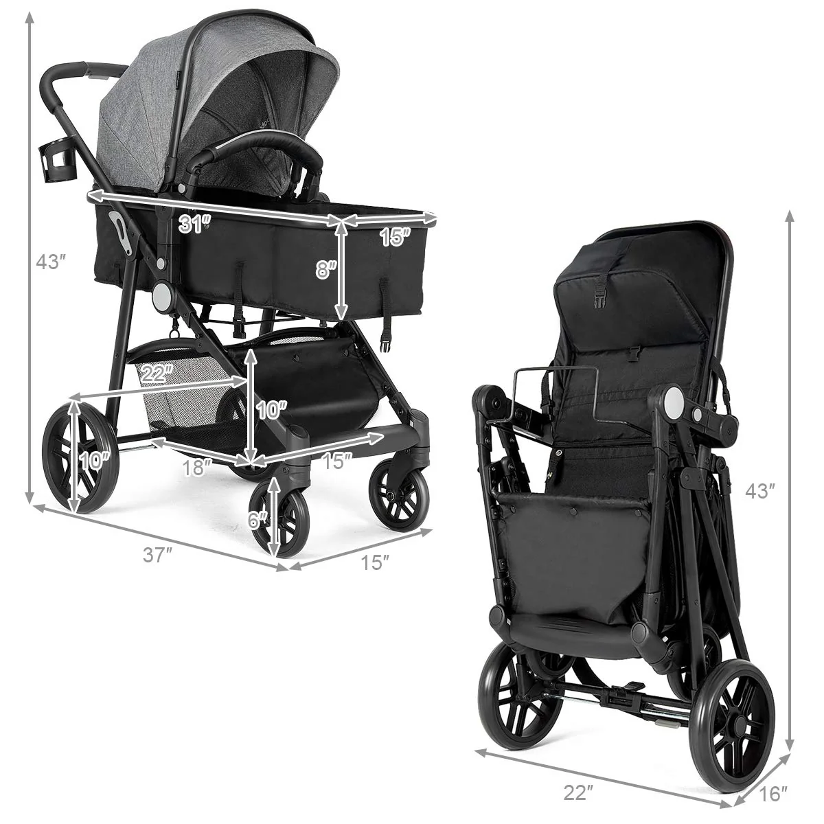 Kinderwagen, umwandelbarer Hochformat-Kinderwagen mit Stubenwagen, verstellbares Verdeck und Rückenlehne, Aufbewahrungskorb, Getränkehalter, faltbarer Kinderwagen für Neugeborene (Rosa)