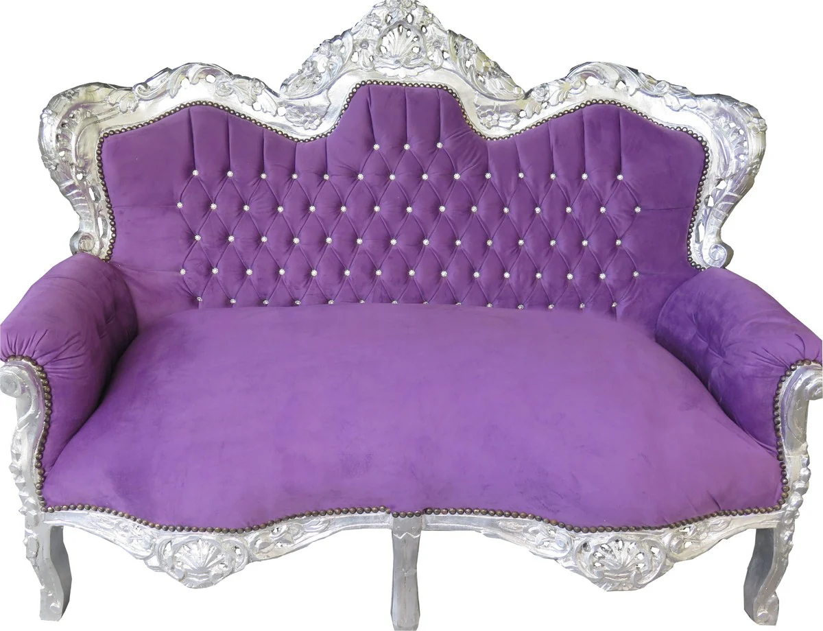 Baroque 2-seater sofa King purple / silver with bling bling glitter stones