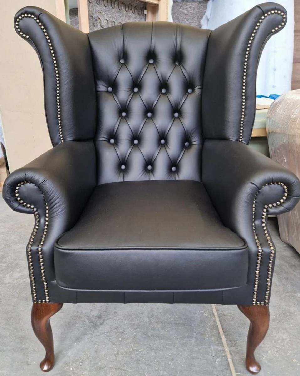 Luxury Chesterfield wing chair black / dark brown 98 x 90 x H. 110 cm - genuine leather Chesterfield living room armchair - living room furniture - Chesterfield furniture - luxury leather furniture