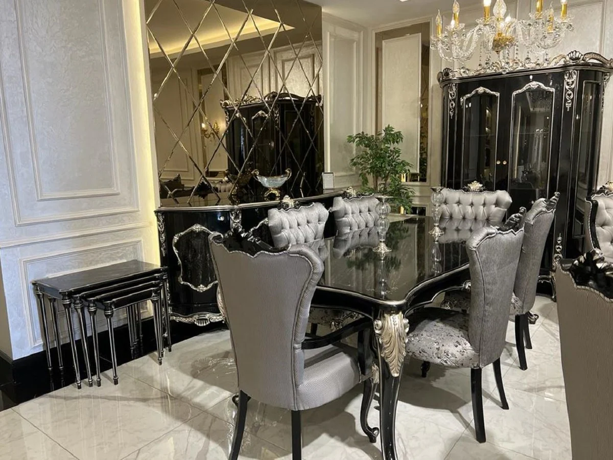 Luxury Baroque Dining Room Set Silver / Black / Silver - 1 Dining Table & 6 Dining Chairs - Baroque Dining Room Furniture - Noble & Magnificent