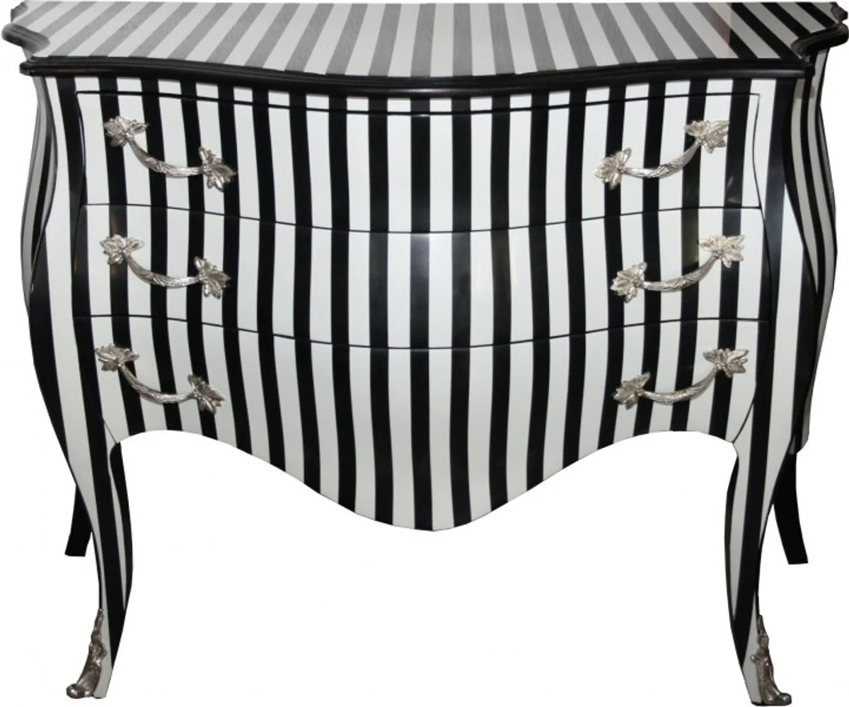 Baroque chest of drawers black/white stripes 122 cm with silver metal applications - antique style