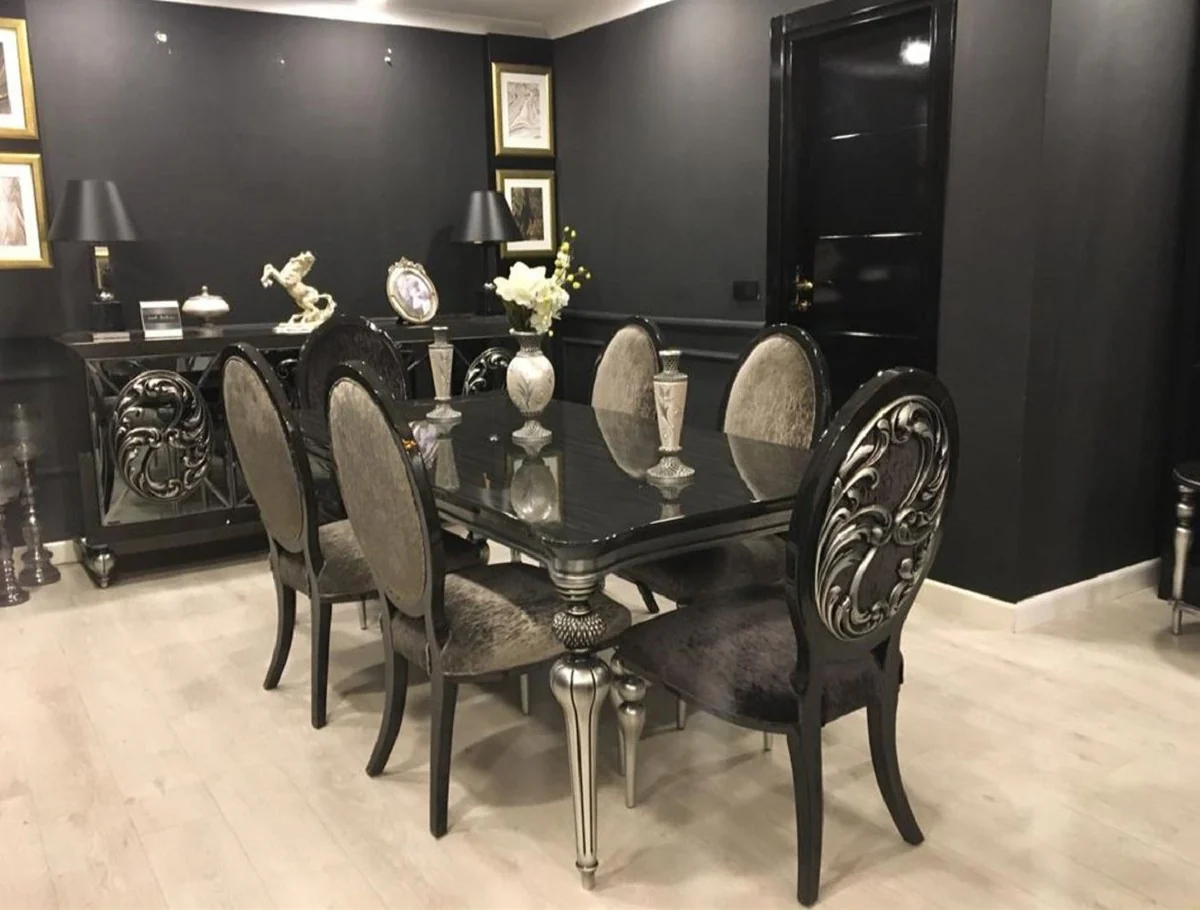 Luxury Baroque Dining Room Set Black / Gray / Silver - 1 Dining Room Table & 6 Dining Chairs - Baroque Dining Room Furniture - Noble & Magnificent