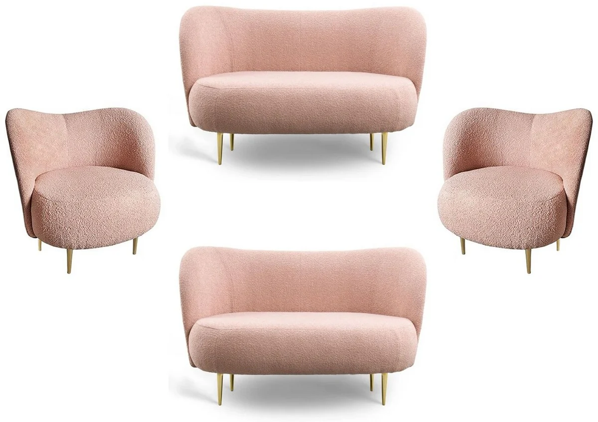 Luxus Wohnzimmer Set Rosa / Gold - 2 Luxus Sofas mit gebogener Rückenlehne & 2 Luxus Sessel mit gebogener Rückenlehne - Wohnzimmer Möbel - Luxus Möbel - Luxus Einrichtung