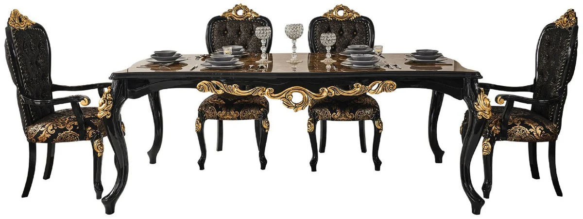 Luxury baroque dining room set brown / black / gold - 1 dining table with table top in marble look & 6 dining chairs - magnificent dining room furniture in baroque style