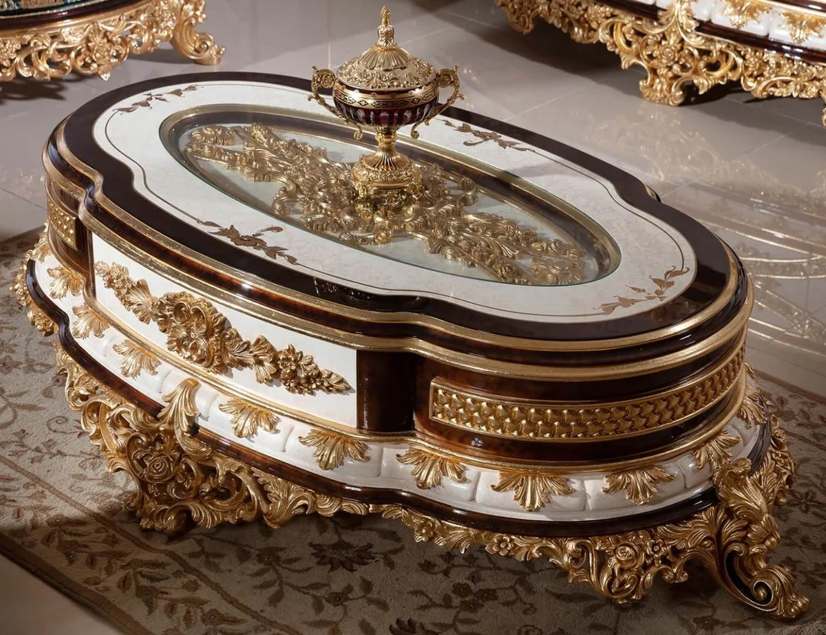 Luxury baroque coffee table white / brown / gold - magnificent solid wood living room table with glass top - baroque living room furniture - noble & magnificent