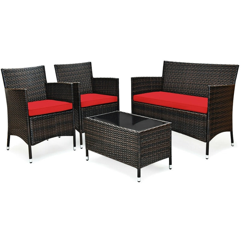 4 Pcs Outdoor Rattan Patio Conversation Set Wicker Furniture Set with Coffee Table and Cushion Sofas