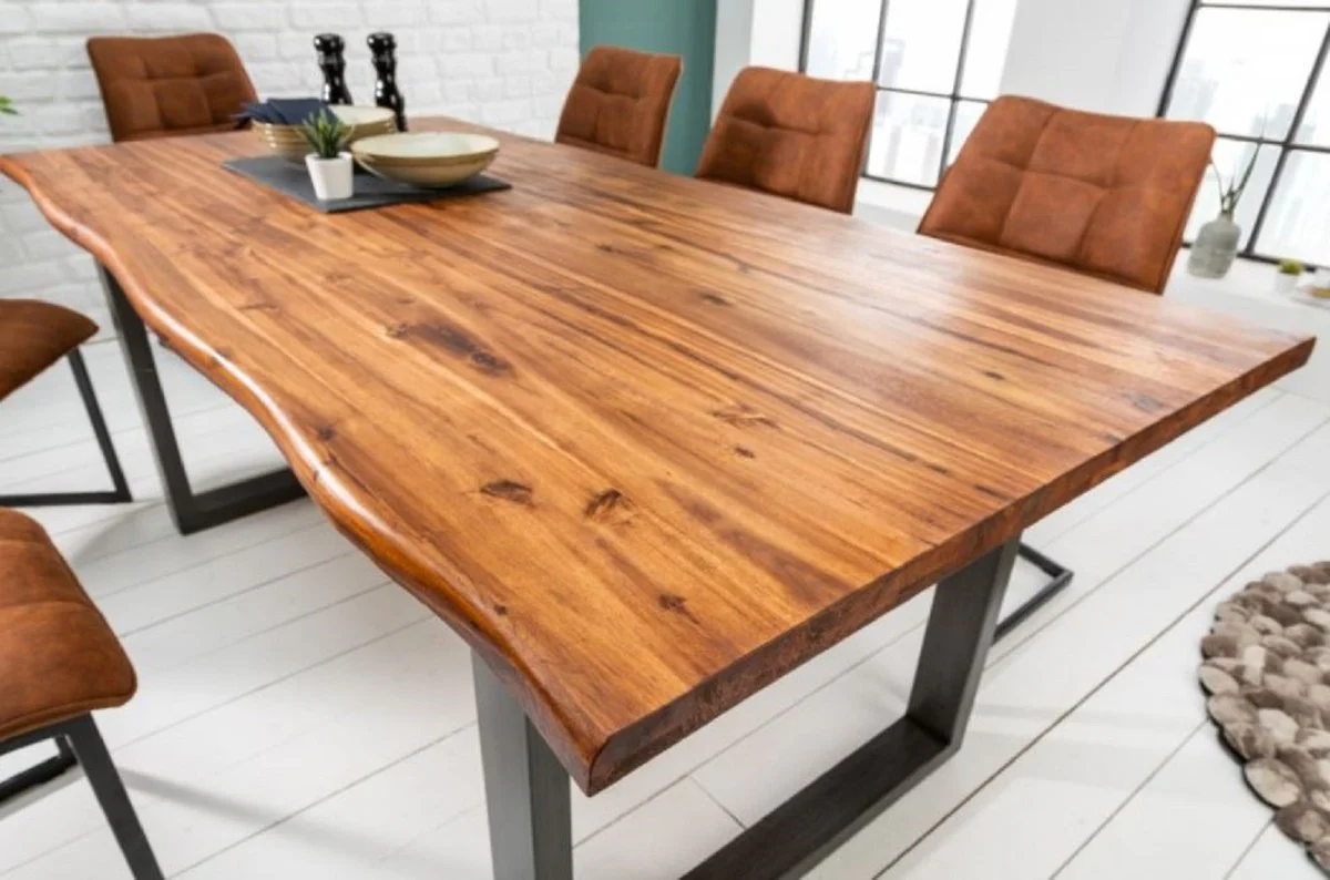 Solid wood dining table brown / gray 200 x 100 x H. 76.5 cm - Modern kitchen table with solid acacia wood table top and metal legs - Solid wood dining room furniture