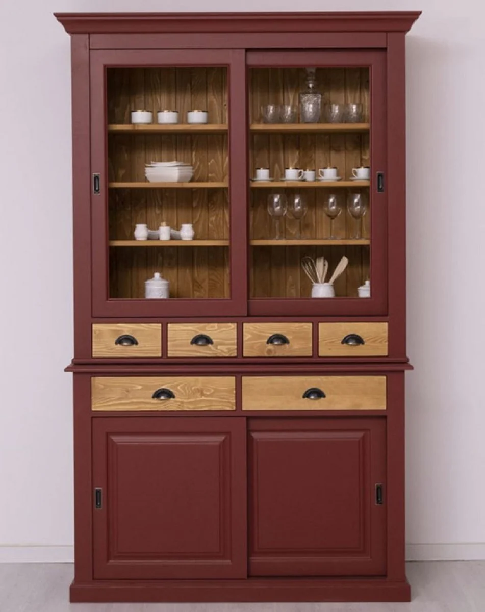 Country house style dining room cabinet Bordeaux red / natural color 142 x 48 x H. 225 cm - solid wood kitchen cabinet - country house style dining room furniture