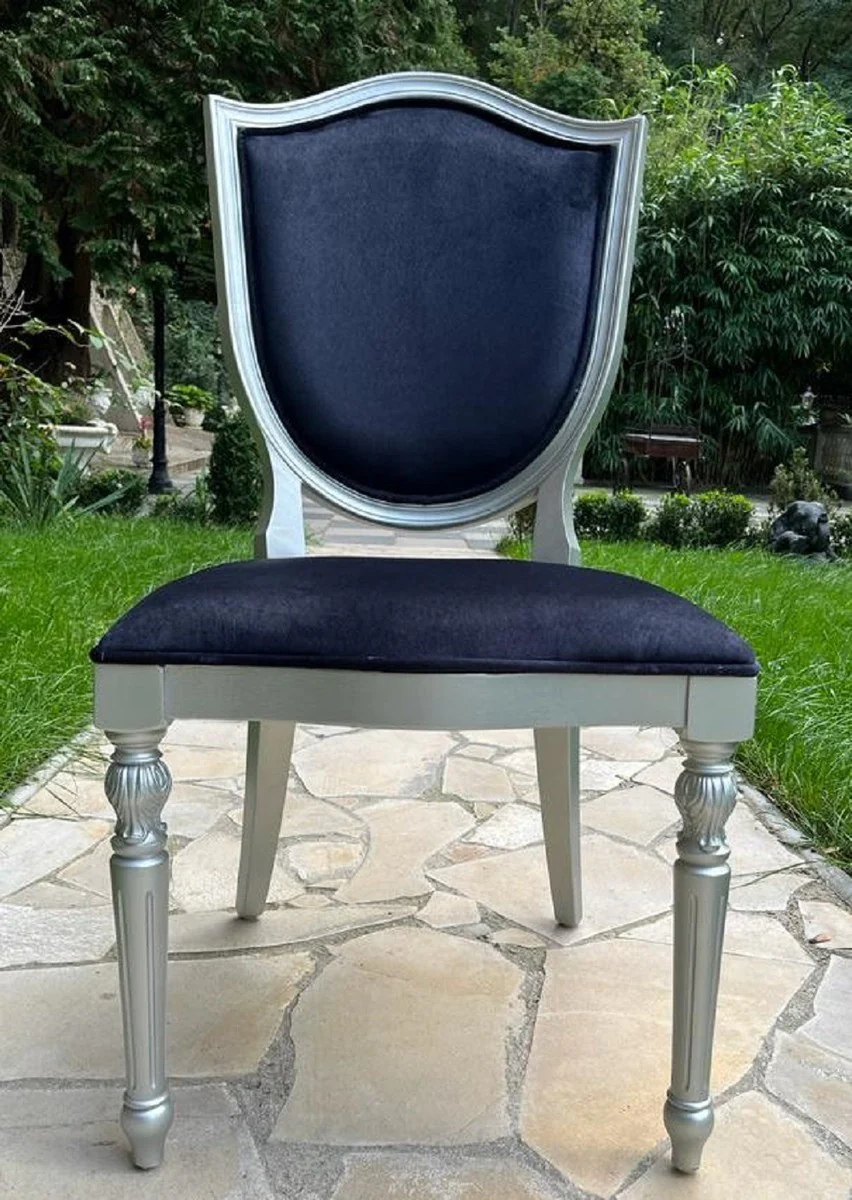 Luxus Art Deco Samt Esszimmer Stuhl Dunkelblau / Silber - Art Deco Massivholz Stuhl - Art Deco Esszimmer Möbel - Art Deco Möbel - Art Deco Einrichtung - Luxus Möbel im Art Deco Stil