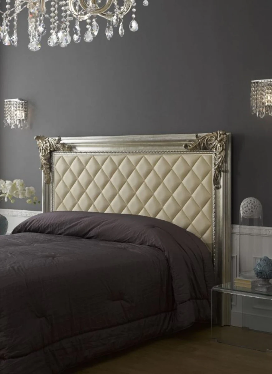Luxury Baroque bed headboard with faux leather antique silver / antique gold / ivory 210 x 12 x H. 140 cm - Baroque bedroom furniture