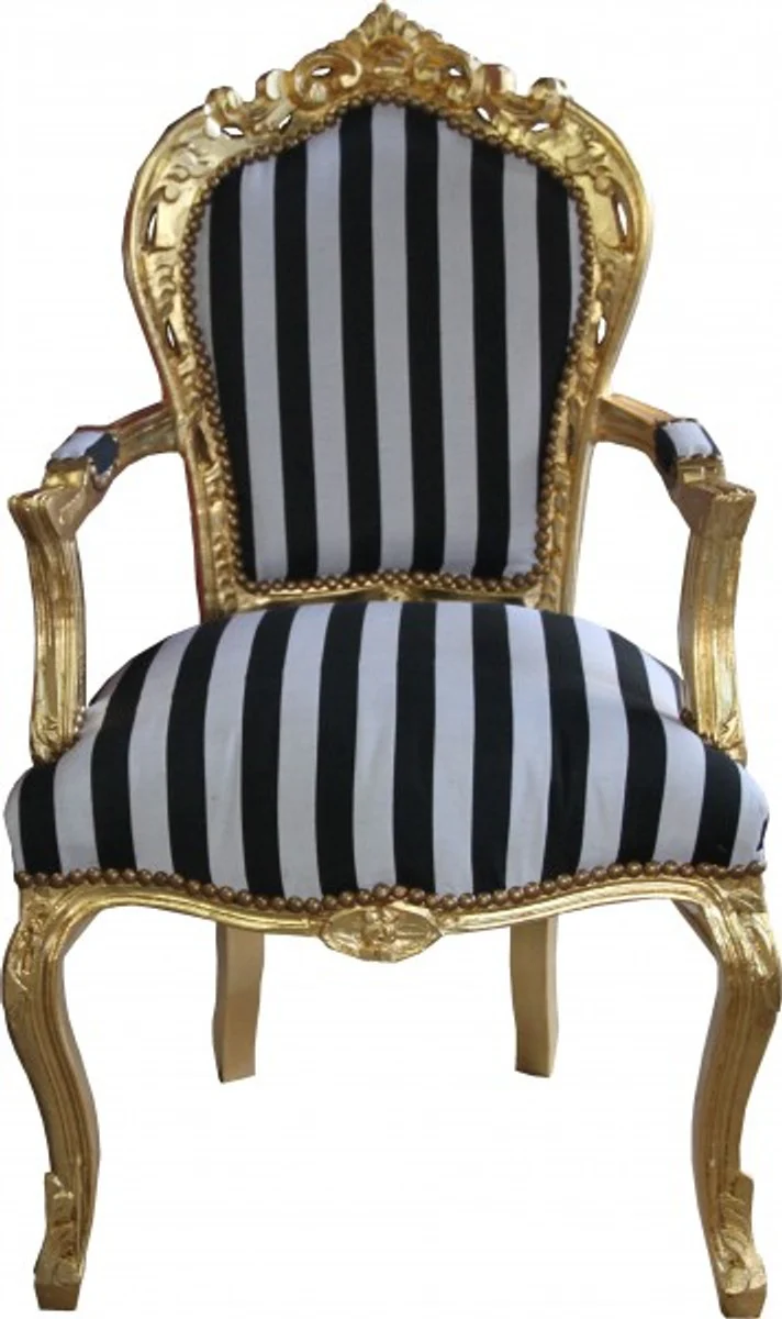 Baroque dining chair black/white stripes/gold with armrests - antique style chair