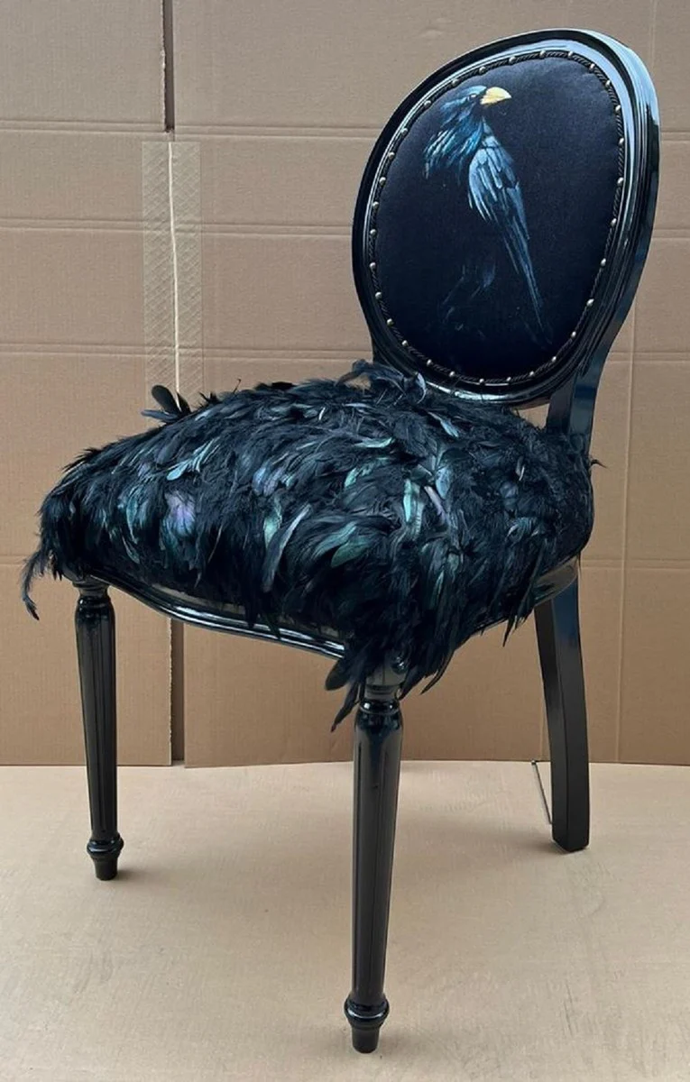 Luxus Barock Esszimmer Stuhl Krähe Schwarz - Handgefertigter Barockstil Küchenstuhl mit Kunstfedern - Barock Esszimmer Möbel - Edel & Prunkvoll