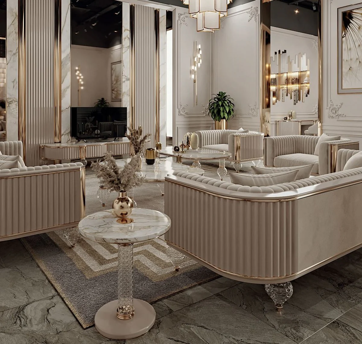 Luxury Art Deco coffee table white / gray / gold 120 x 70 x H. 49 cm - living room table with elegant artificial marble table top - Art Deco living room furniture - luxury living room furniture