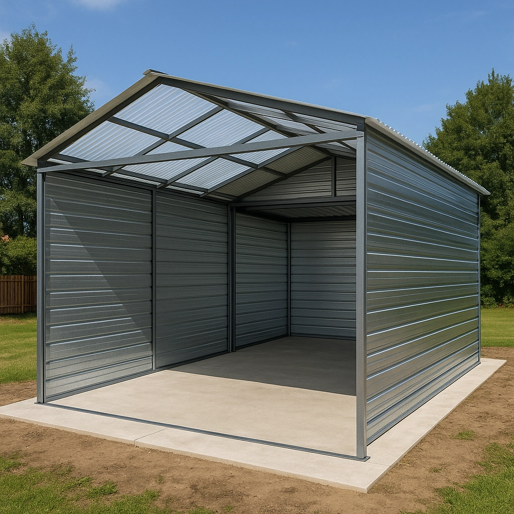 Garage mit grauer Stahlkonstruktion, Außenmaße, 600 x 300 x 320 cm