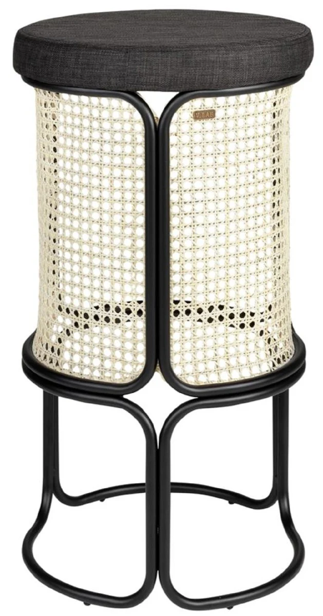 Designer bar stool black / natural color Ø 40.5 x H. 75.5 cm - Round padded bar chair with elegant rattan weave and powder-coated steel frame