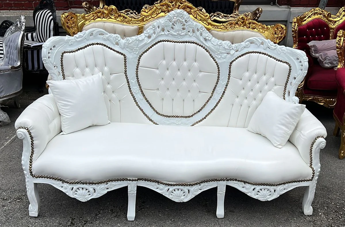 Baroque faux leather sofa white 180 cm - Baroque living room furniture