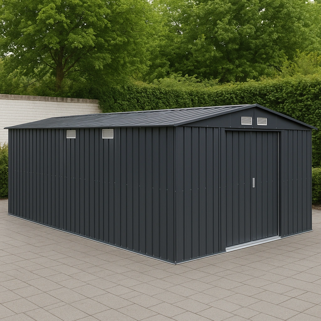 Gartenhaus aus anthrazitgrauem Metall, Stahlaußenseite, 800 x 300 x 270 cm - JYJcIDm328Sa