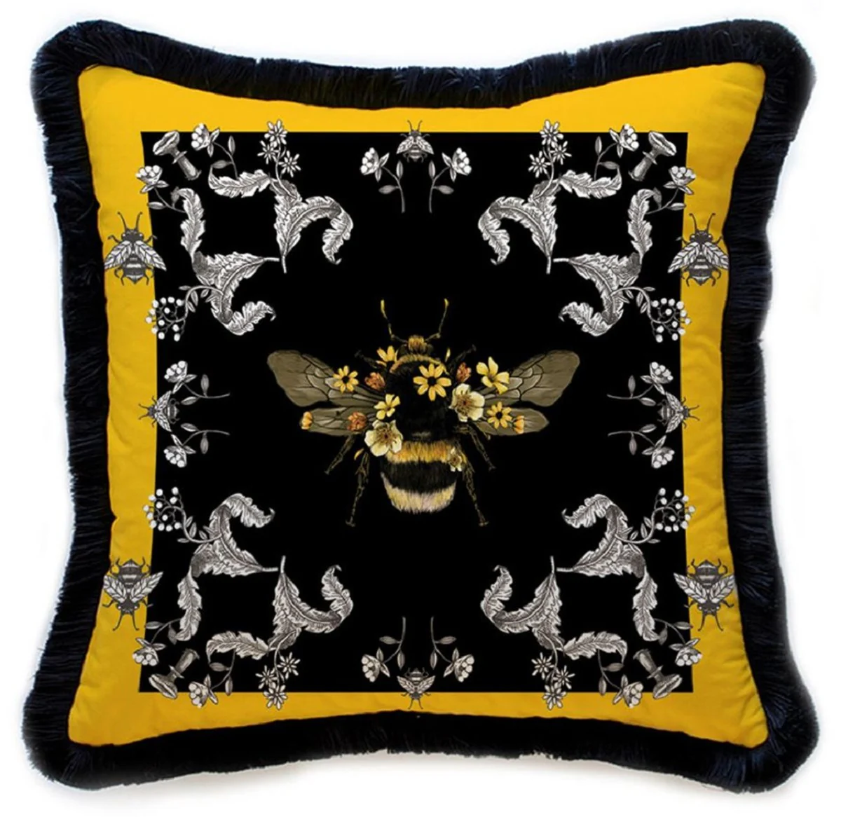 Luxury decorative cushion bumblebee & flowers multicolored / black 45 x 45 cm - printed velvet cushion with fringes - luxury decorative accessories