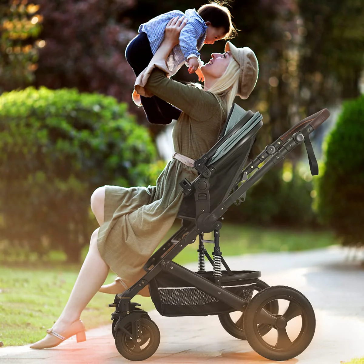 Kinderwagen für Neugeborene und Kleinkinder – Cynebaby 2-in-1 Hochformat, umwandelbar, umkehrbar, stoßfest, Stubenwagen, Kinderwagen, Kinderwagen, mit Getränkehalter, Fußsack und Wickeltasche (grün)