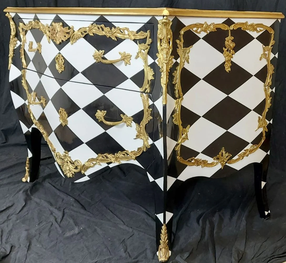 Baroque chest of drawers with checked design and 2 drawers black / white / gold - handmade solid wood chest of drawers in baroque style - bedroom furniture in baroque style - baroque furniture