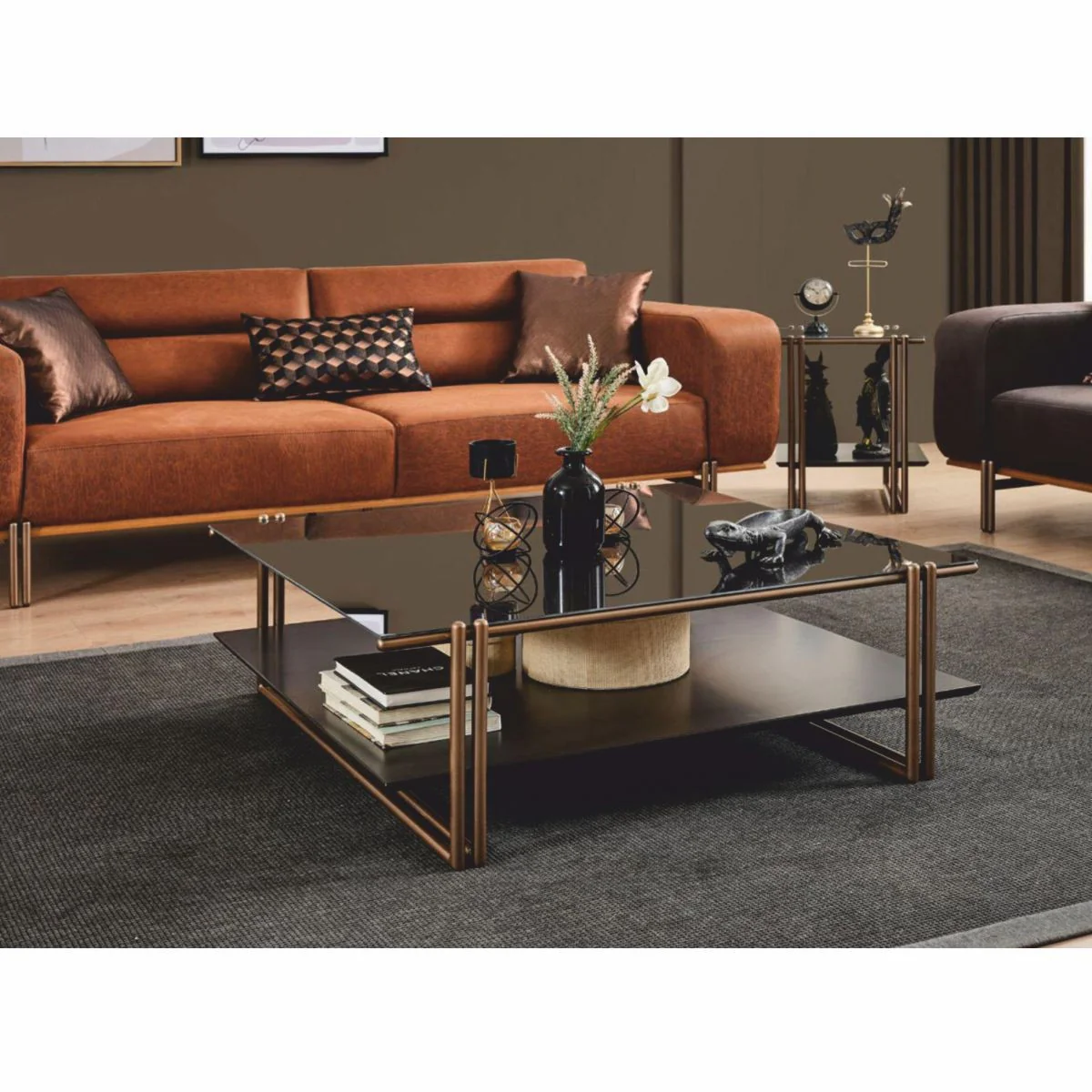 Luxury coffee table with glass top dark brown / bronze / black 100 cm