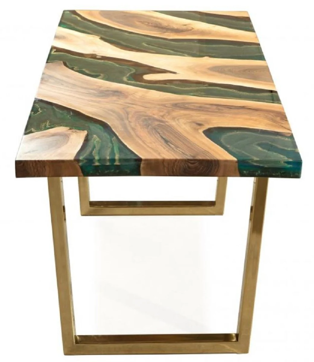 Luxury dining table natural colors / brown / green / gold 160 x 80 x H. 76 cm - Rectangular kitchen table with epoxy resin - Dining room furniture - Epoxy resin furniture - Luxury furniture
