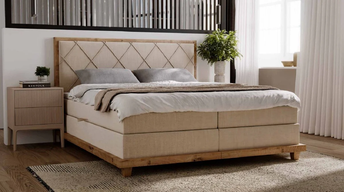 Luxury double bed natural colors 170 x 210 x H. 115 cm - solid wood bed with mattress - bedroom furniture - hotel furniture - luxury furniture - luxury furnishings