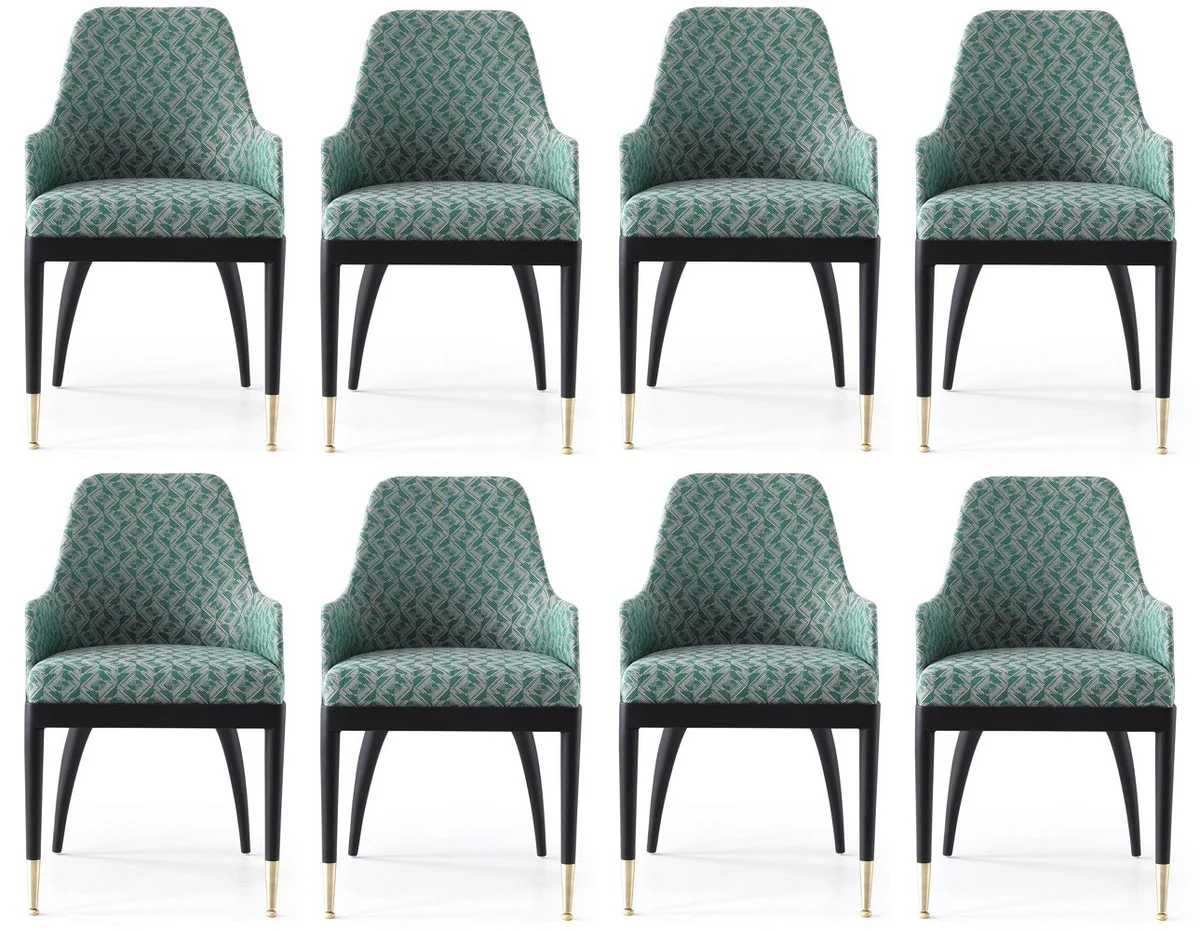 Luxury dining room chair set of 8 with armrests green pattern / black / brass 55 x 59 x H. 88 cm - dining room furniture - restaurant furniture - dining room furnishings - luxury furniture