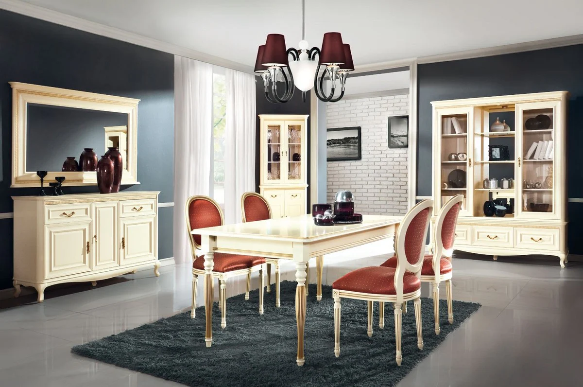 Luxury Baroque Dining Room Set Cream / Gold / Orange - Extendable Kitchen Table with 6 Dining Chairs - Baroque Style Dining Room Furniture