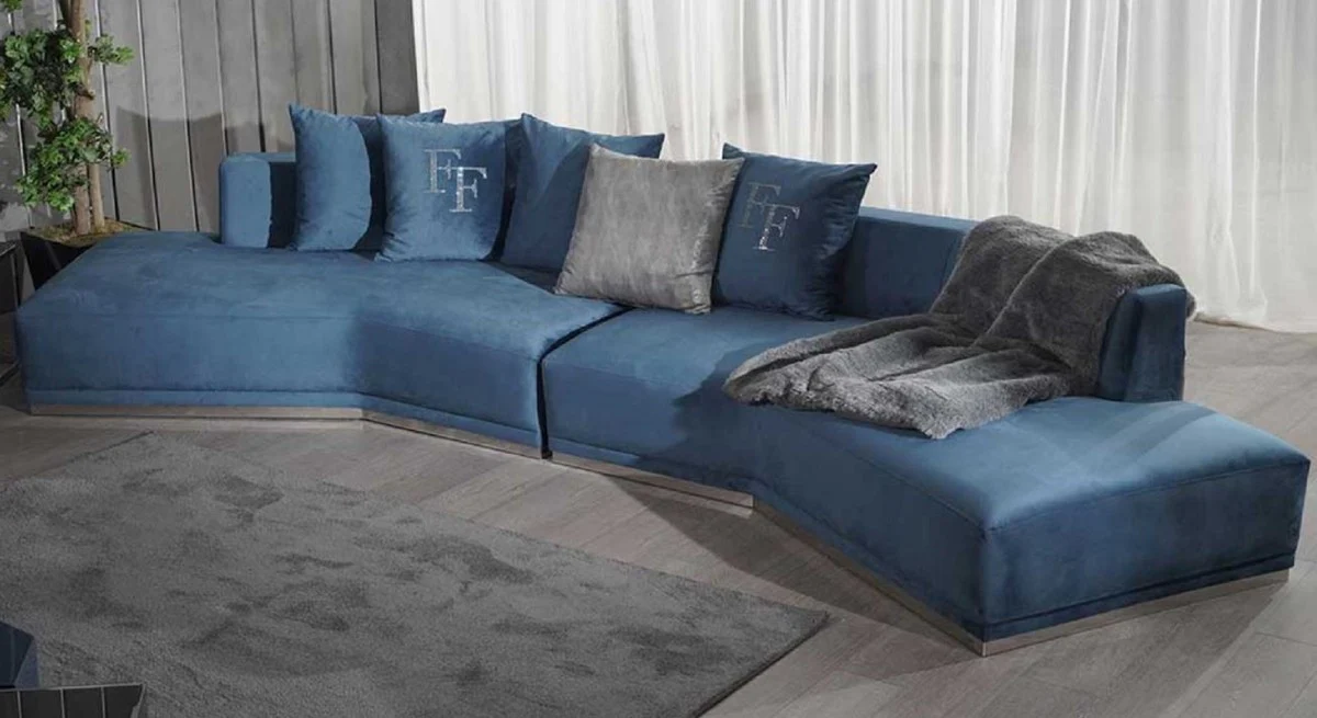 Luxury sofa blue / silver 480 x 100 x H. 70 cm - Curved living room sofa - Hotel sofa - Living room furniture - Hotel furniture - Luxury furniture - Luxury furnishings