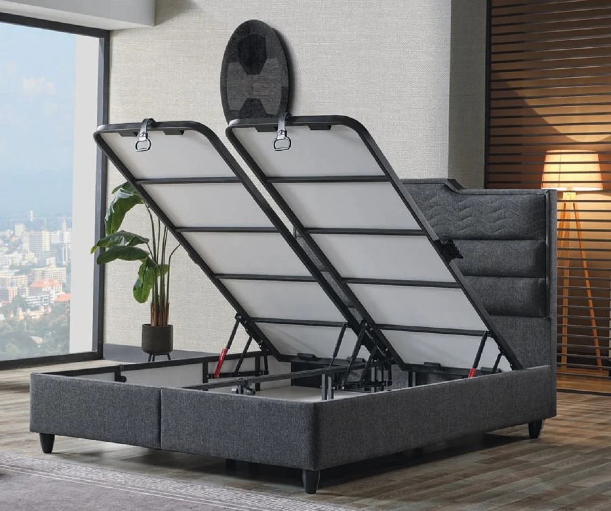 Luxury double bed gray / white / black 180 x 200 cm - solid wood bed with headboard and mattress - bedroom furniture - hotel furniture - luxury furniture - luxury furnishings