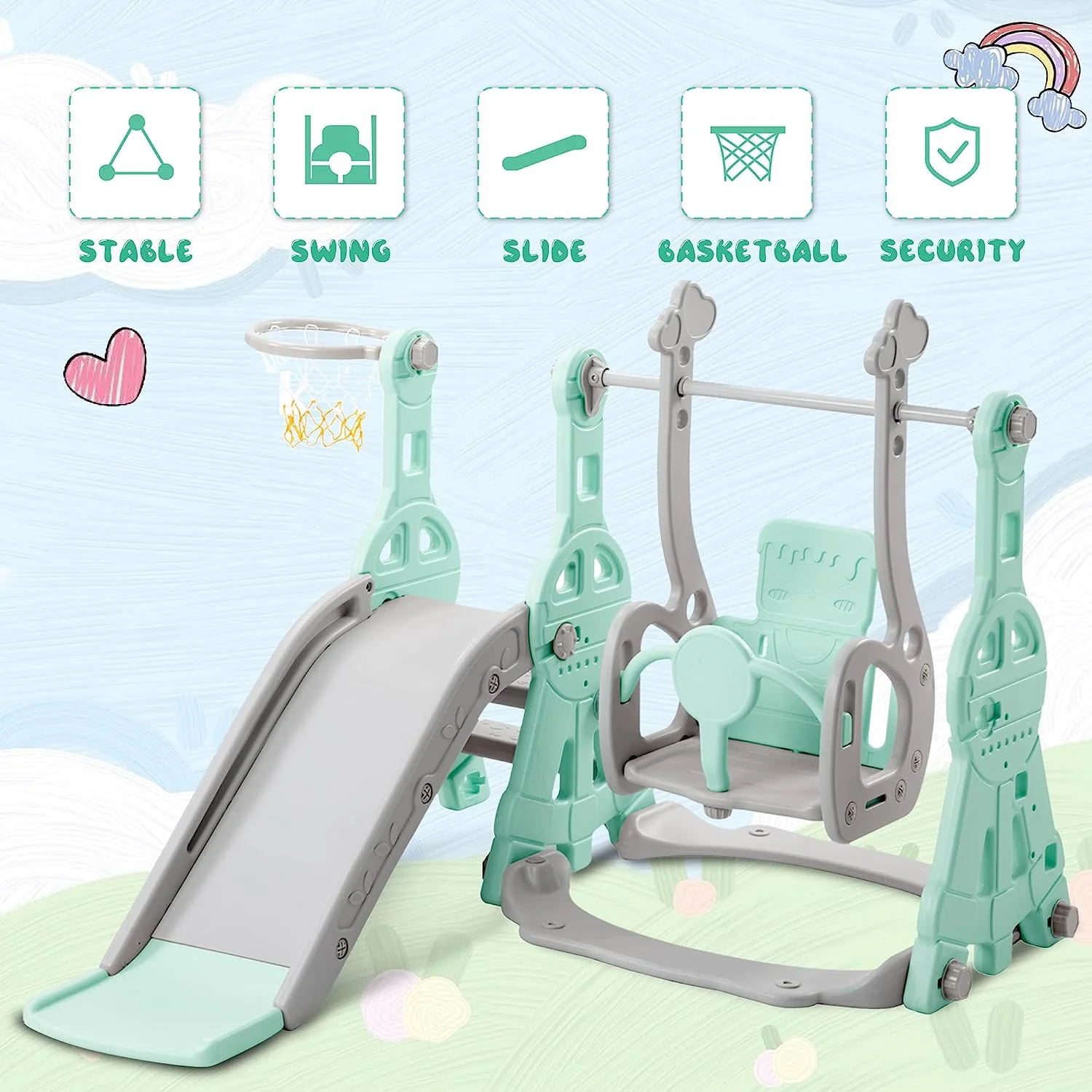 Merax 4-in-1-Rutsche für Kleinkinder, Indoor-Rutsche und Schaukel-Set für Kinder, freistehende Outdoor-Rutsche mit Basketballkorb (grüne Schaukelrutsche)