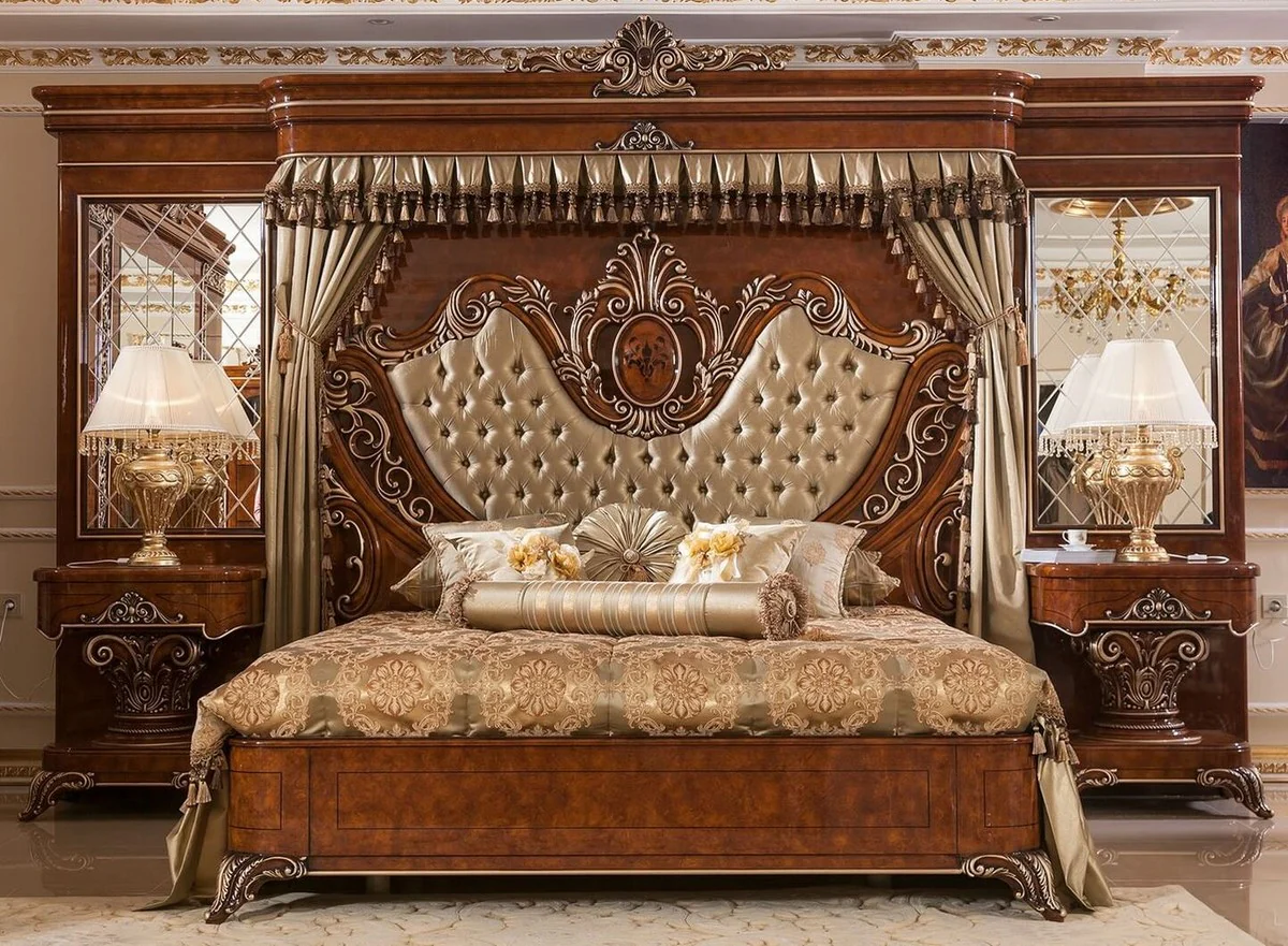 Luxury baroque bedroom set gold / brown / bronze colors - 1 double bed with headboard and back wall & 2 bedside chests - bedroom furniture in baroque style - noble and magnificent
