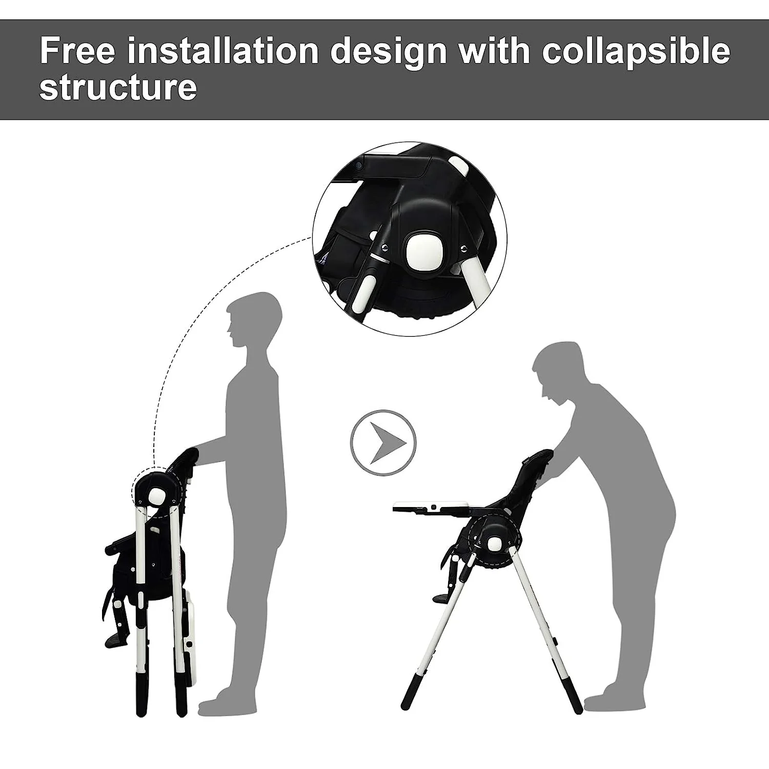 Hochstuhl für Babys und Kleinkinder, faltbarer Hochstuhl mit mehrfach verstellbarer Rückenlehne, Fußstütze und Sitzhöhe, abnehmbarem Tablett, abnehmbarem PU-Lederkissen, integrierten Hinterrädern (schwarz)