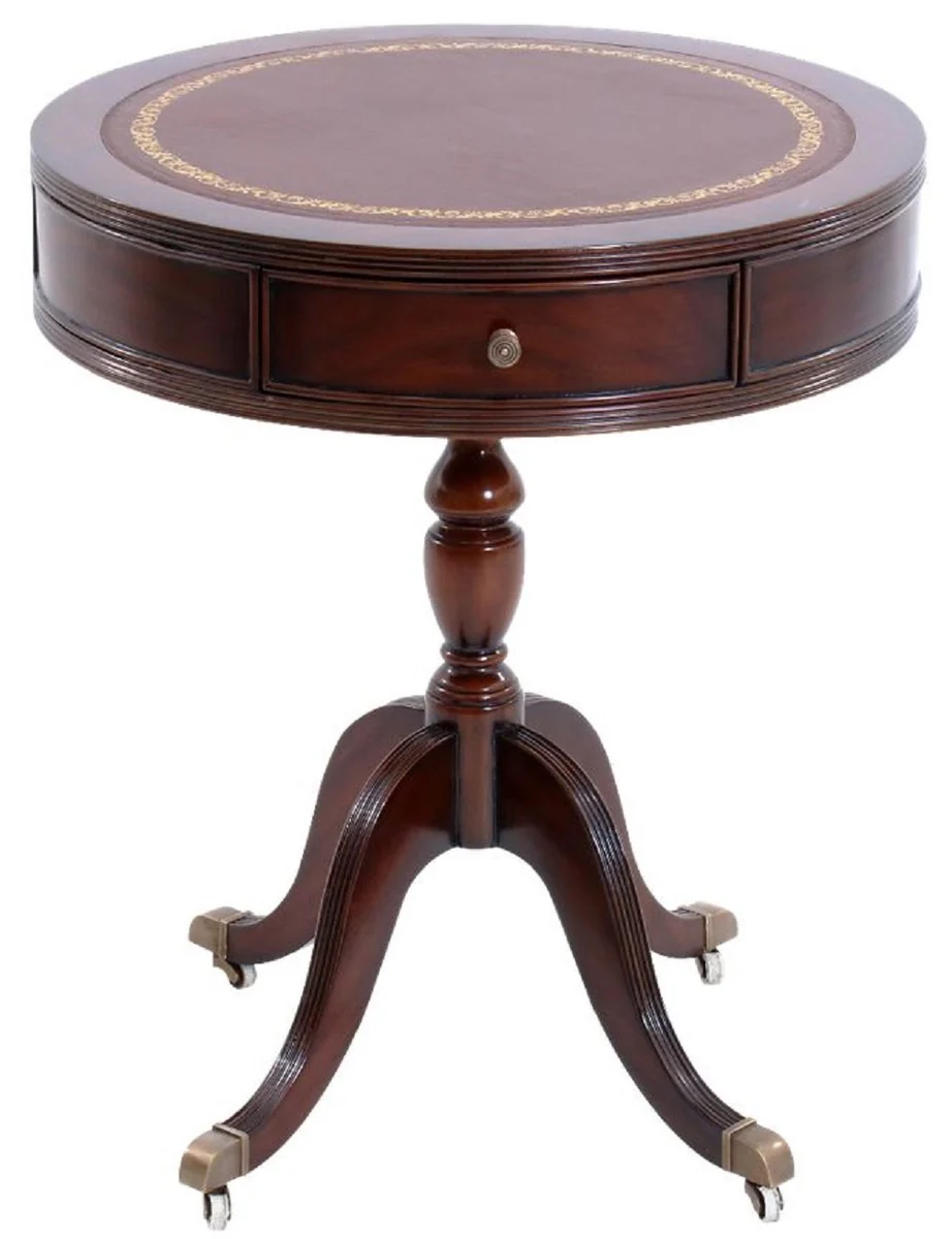 Luxury baroque side table dark brown / brass / brown / gold Ø 51 x H. 59 cm - Round mahogany table with drawers and elegant genuine leather - Baroque mahogany furniture