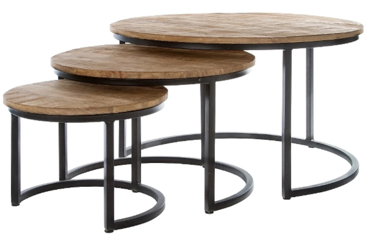Luxury coffee table set of 3 natural colors / black Ø 78 x H. 48 cm - round living room tables with semicircular metal base