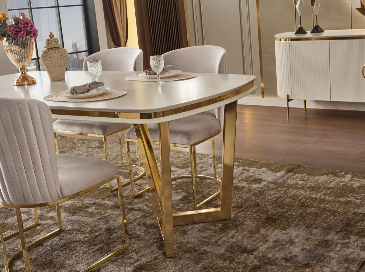 Luxury dining table white / gold 207 x 104 x H. 78 cm - Rectangular kitchen table - Luxury dining room furniture