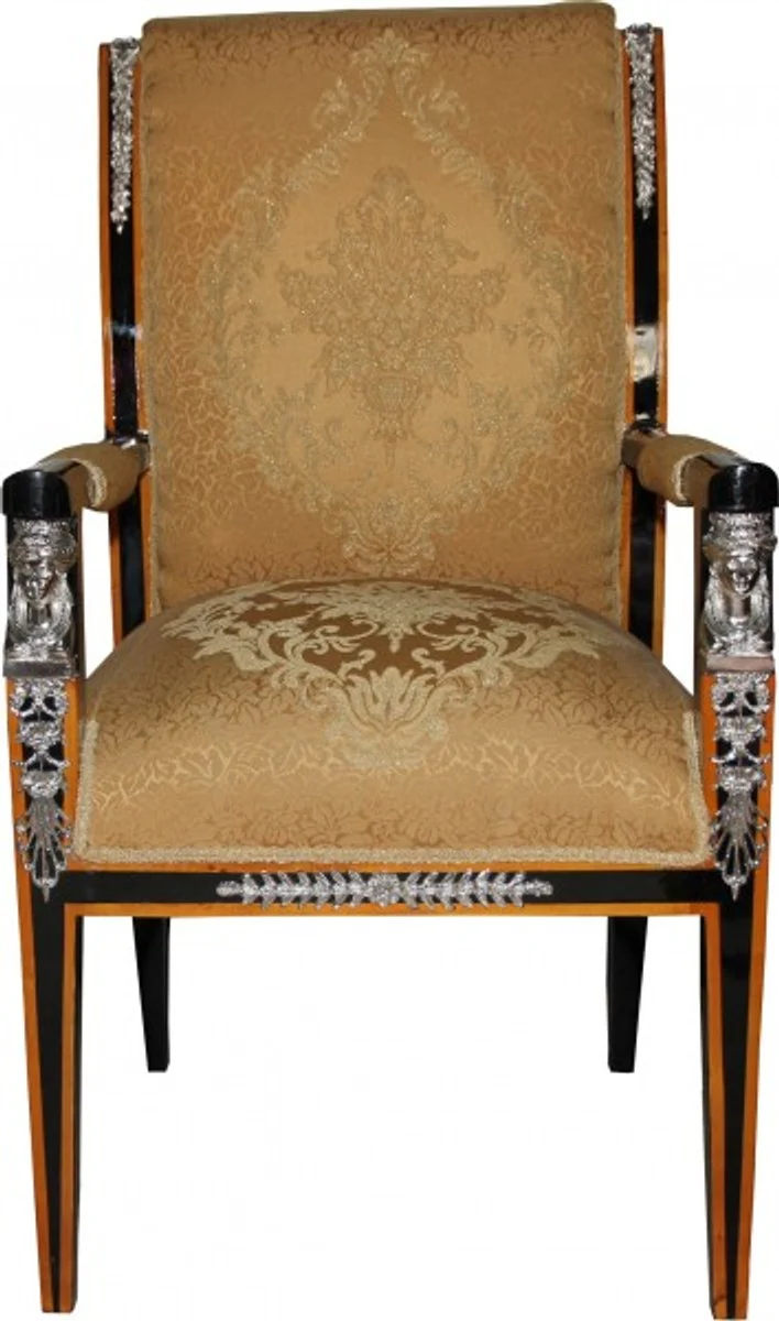 Baroque Empire Salon Set of 4 Gold Pattern / Black / Mahogany / Silver - Bench + 2 Armchairs + Coffee Table
