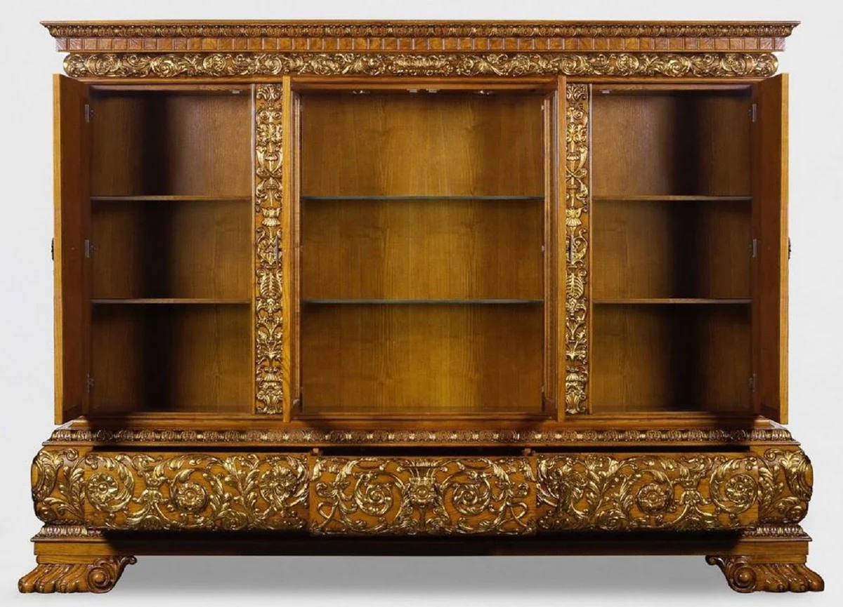 Luxury living room cabinet with LED lighting brown / gold 268 x 58 x H. 189 cm - solid wood cabinet - luxury furniture - luxury furnishings - living room furnishings - luxury quality