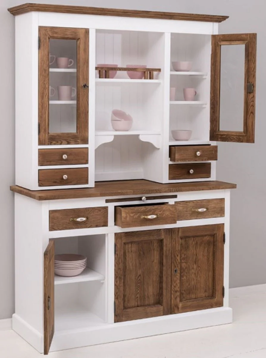 Country house style dining room cabinet white / dark brown 137 x 50 x H. 197 cm - solid wood kitchen cabinet - dining room furniture in country house style - country house style dining room furnishings