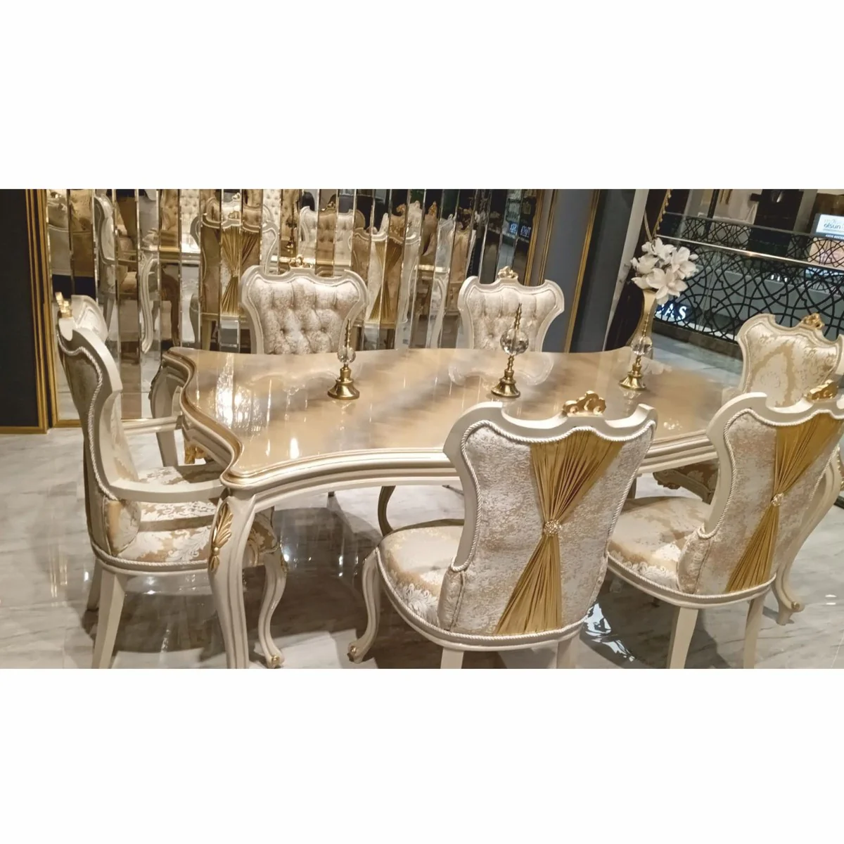 Luxury Baroque Dining Room Set Gold / Gray - 1 Baroque Dining Table & 6 Baroque Dining Chairs