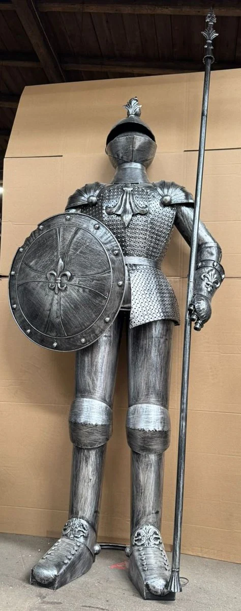 Deko Ritterrüstung mit Schild & Lanze Antik Silber H. 247 cm