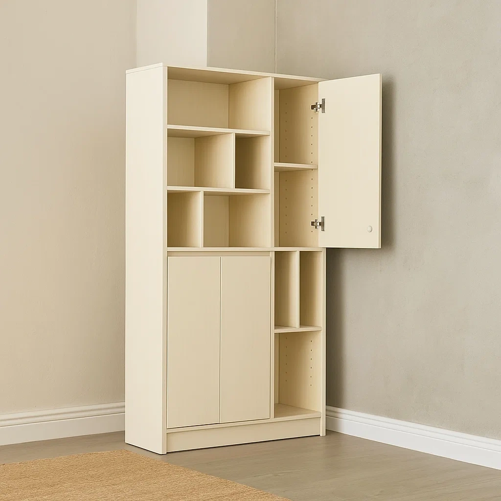 Vitrine mit Holztüren und offenen Regalen, 12 Fächer, aus Spanplatte, beige, freistehend, für Wohnzimmer oder Büro, Maße: 100 x 40 x 190 cm - vKz08os0iedY